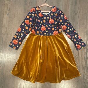 Girls Navy Floral Turkey Top with Crushed Velvet Skirt Dress